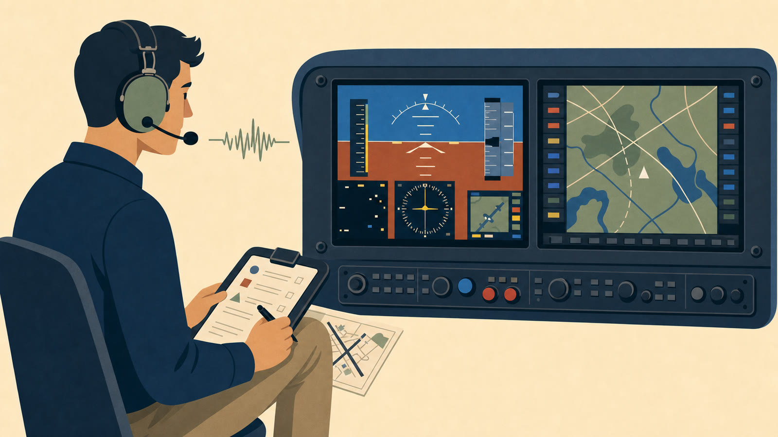 Flat editorial illustration of a student pilot chair-flying with a headset, kneeboard, airport diagram, and radio-call notes beside a dual-screen G1000 Cessna 172 cockpit.